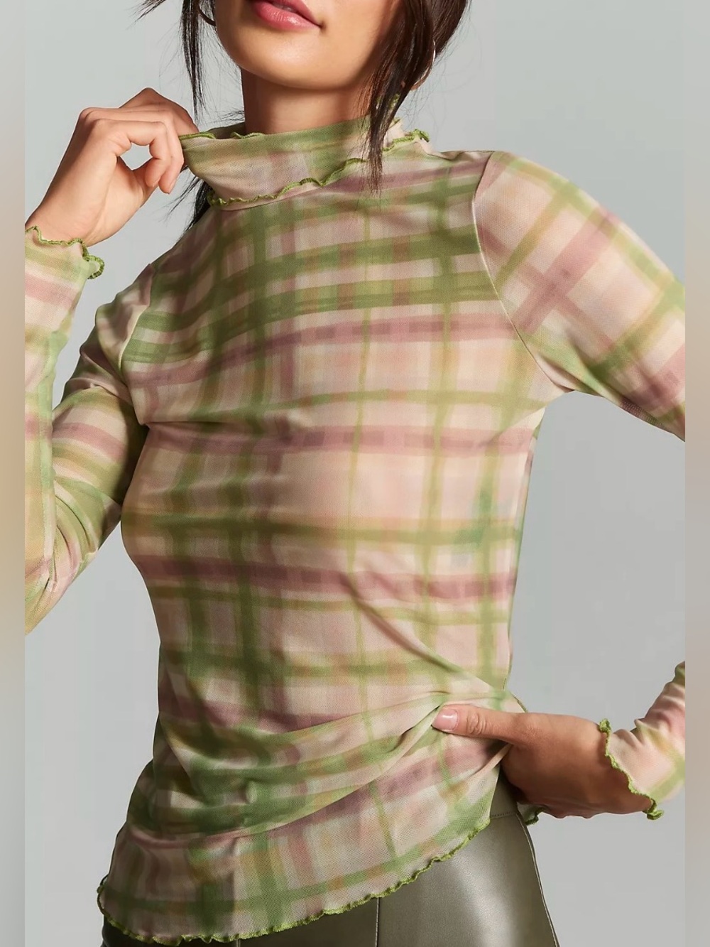 Anthropologie Pilcro Mesh Mock Neck Plaid Top